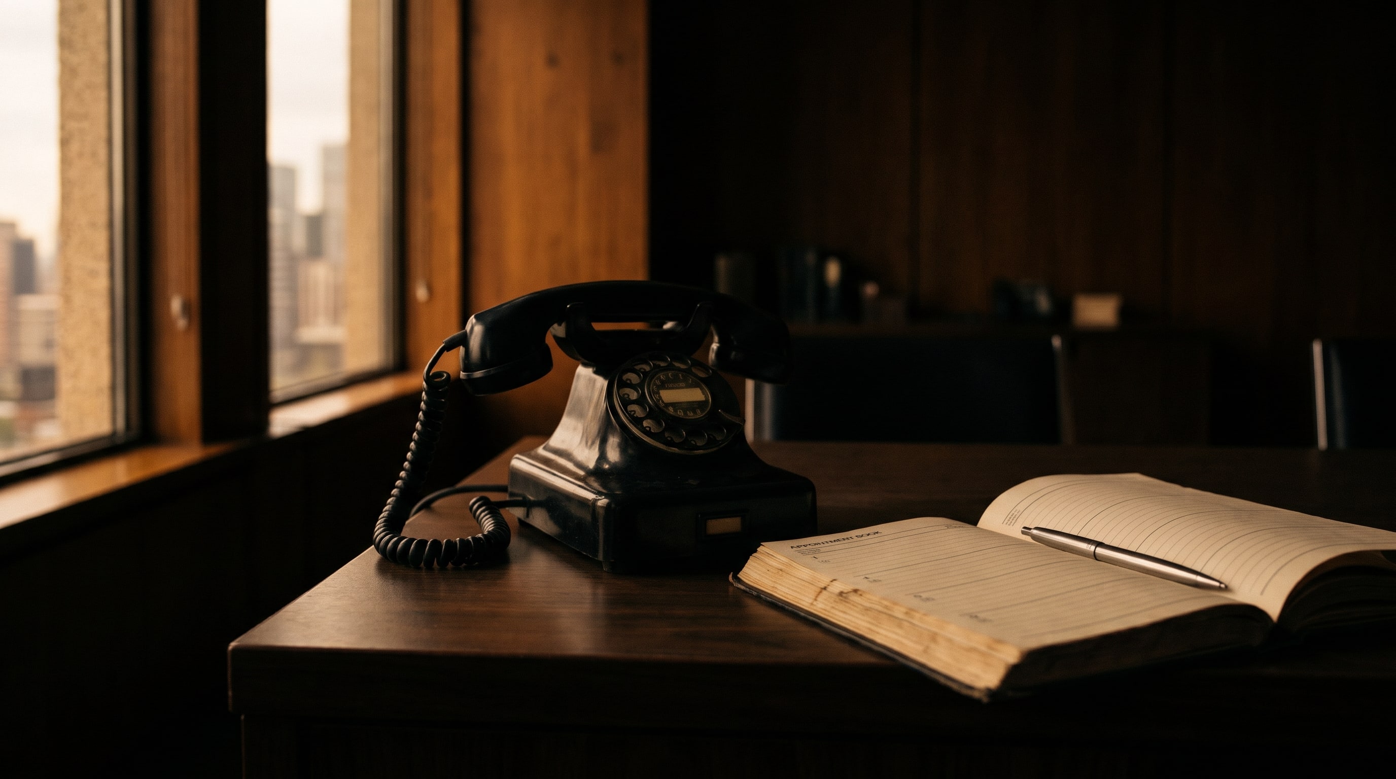 Bürotelefon und aufgeschlagener Terminkalender auf einem Schreibtisch