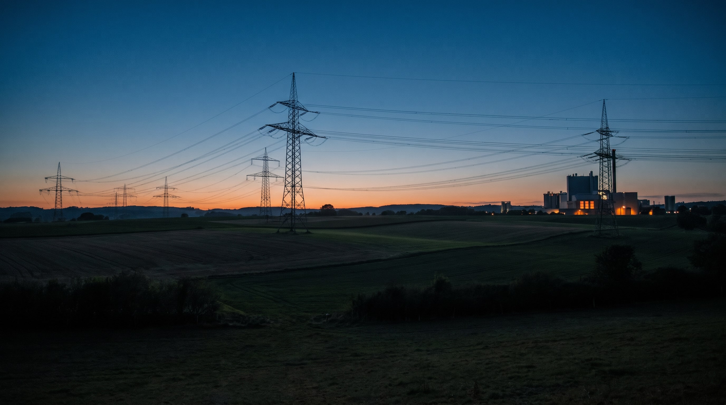 Hochspannungsmasten über Feldern im Lipperland zur blauen Stunde
