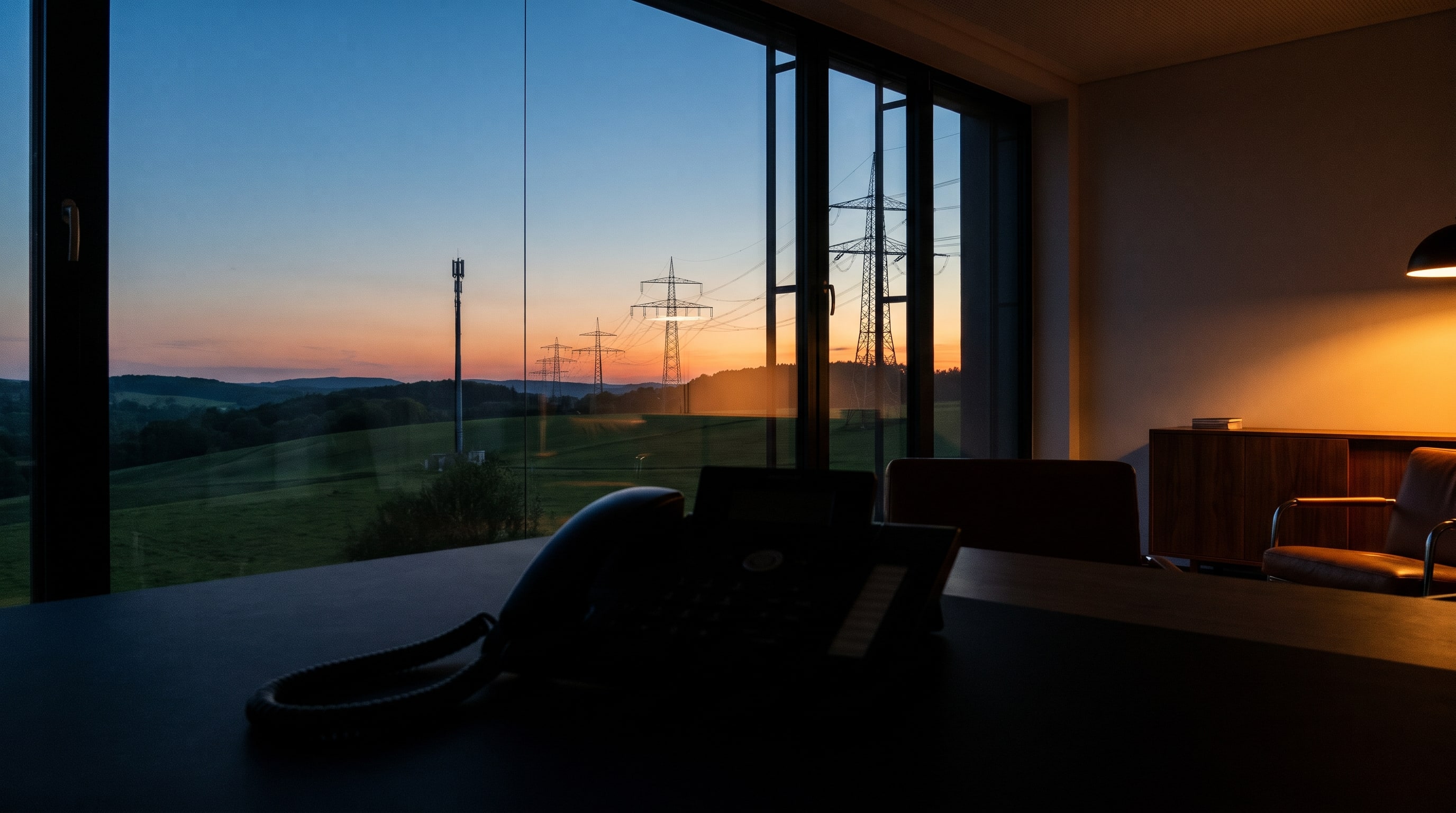 Blick aus einem Büro in der Abenddämmerung auf Strommasten und einen Funkmast im Hügelland