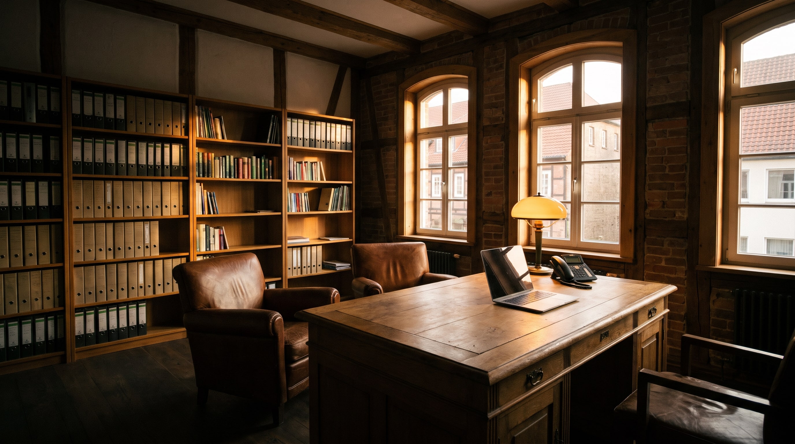 Beratungsbüro in einem Altbau mit Schreibtisch, Ledersesseln und Ordnerregal